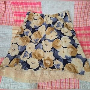 Floral Navy and Beige A-Line Skirt with Lace Trim, Vintage Floral Lace Skirt 12